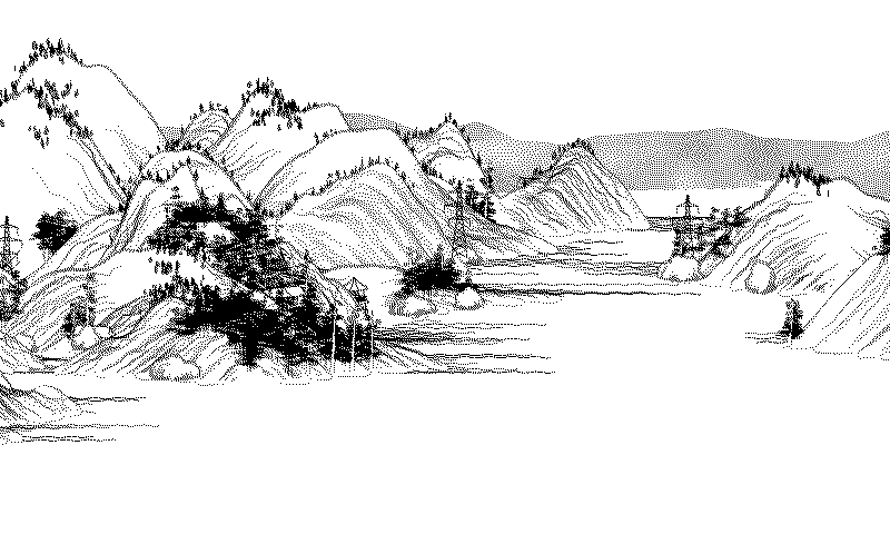 An ink landscape of hills, pines and a river on the e-paper panel