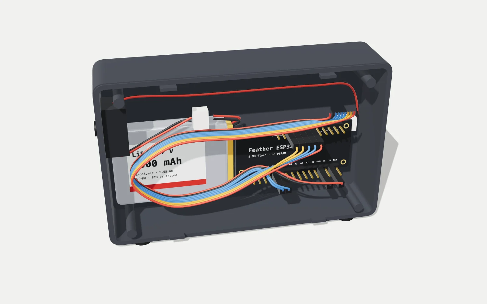 Inside the back shell with the display lifted out: battery, upside-down controller, display cable and power switch